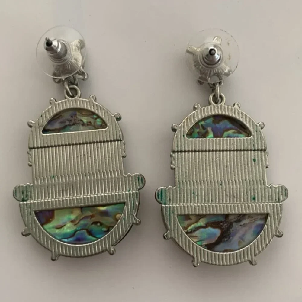 Turquoise color earrings w Rhinestones VTG Jangle earrings post back 2in long